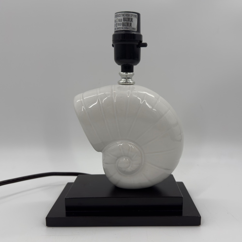 White Ceramic Nautilus Shell Lamp Base with Espresso Brown Wood Base